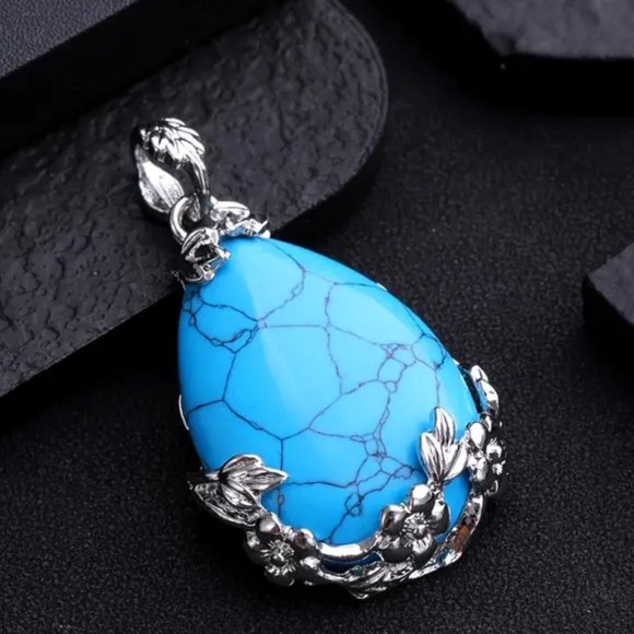 Drop Shaped Pendant Necklace Blue Howlite Stone Pendant - Picture 2 of 2